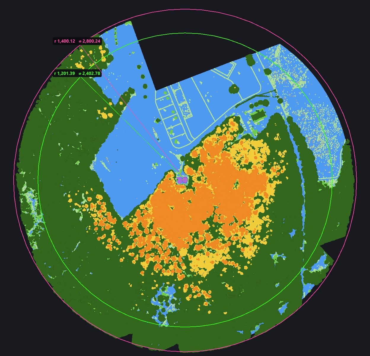 The circle measurement tool in plan-locked mode with the elevation probe inset open.