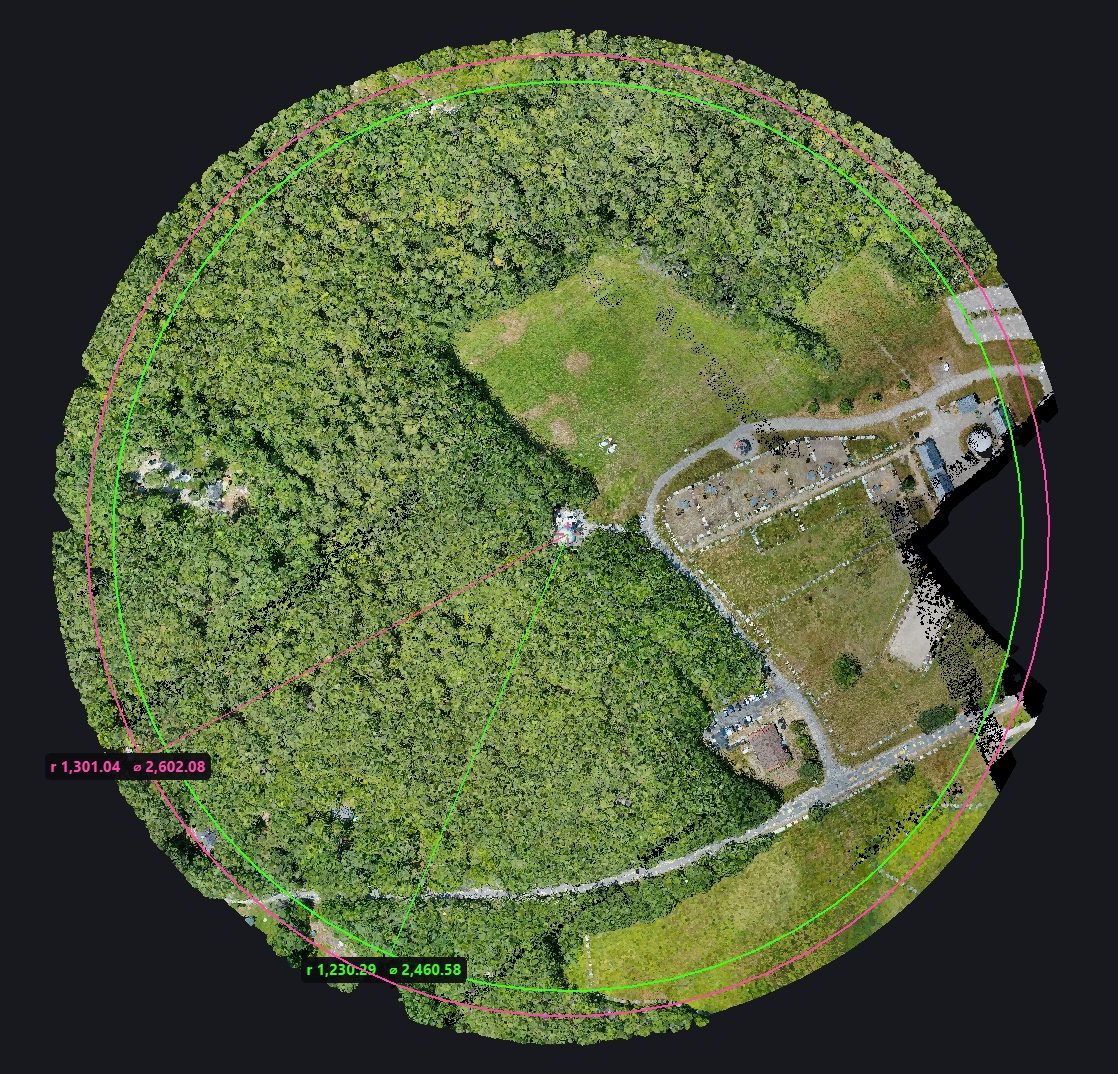 Two committed circle measurements over a true-colour point cloud with radius and diameter labels.
