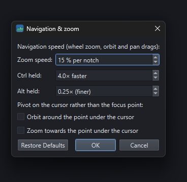 The Navigation and zoom dialog: zoom speed per notch, Ctrl and Alt multipliers, and checkboxes for orbiting and zooming toward the point under the cursor.