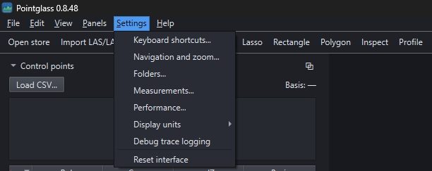 The Settings menu open, listing keyboard shortcuts, navigation and zoom, folders, measurements, performance, display units, debug trace logging and reset interface.
