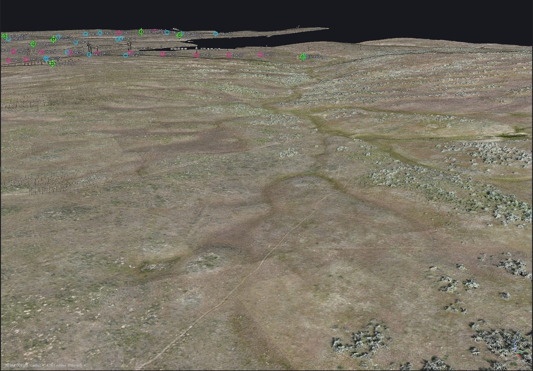 A ground-level perspective view inside the 4.8-billion-point survey: real terrain in true colour running to a horizon, with 74 control points marked in green, pink and cyan.