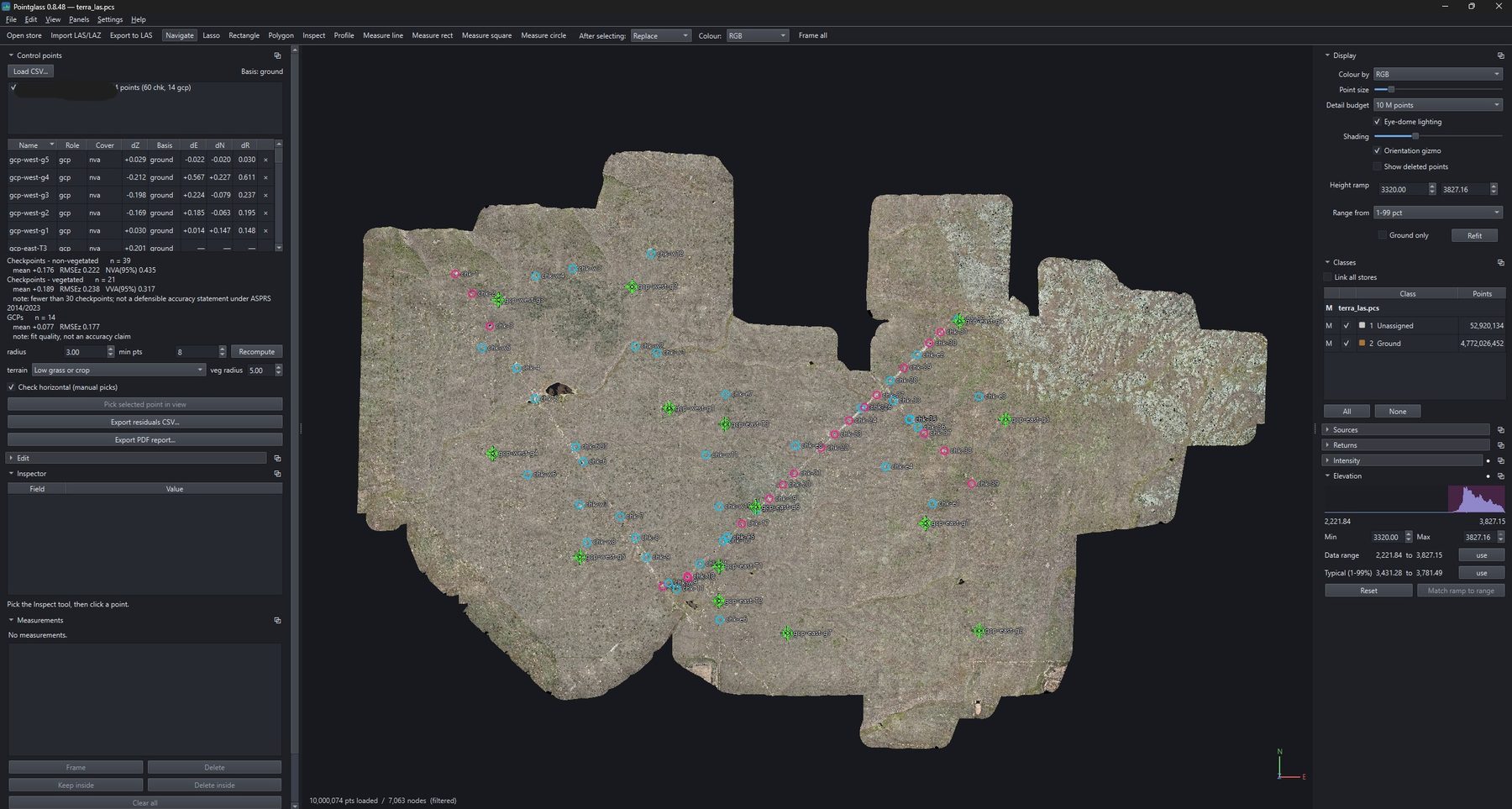 The same 4.8-billion-point survey in true colour, with the same control point markers.